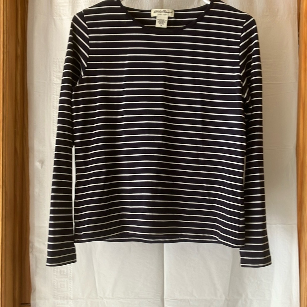 Eddie Baur Women’s M Petite Long Sleeve Navy Blue/White Striped Pullover Top GUC